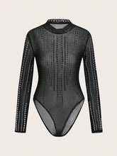 2024 New Style Elegant Long Sleeve Mesh Sheer Rhinestone Embellished Bodysuit - L